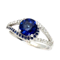 Split Shank Halo White Gold 1.4 Carat Blue Sapphire Gemstone In The Center With Diamonds And Sapphire Accent Stones Engagement Ring - SP94618ER
