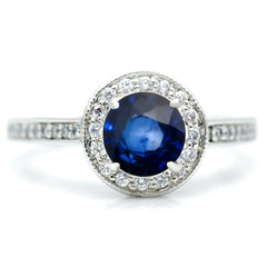 1.4 Carat Blue Sapphire Gemstone, .75 Carat Diamonds Accent Stones, Unique Halo Engagement Ring, Anniversary Ring - SP73045