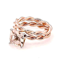 Unique Hand Twisted Cable Rope Morganite Engagement Ring and Wedding Band Set with 1.75 Carat 8x8 mm Cushion Cut Morganite 14k Rose Gold, 14k Yellow Gold, 14k White Gold, Stacking Ring, Wedding Set - MG8ROP25