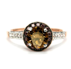 Fancy Brown Smoky Quartz Engagement Ring, Unique 1 Carat Floating Halo Rose Gold, White & Fancy Color Brown Diamonds - SQ94641