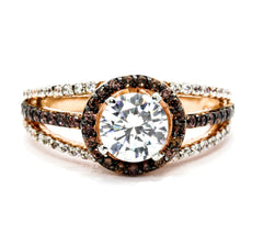 Floating Halo Rose Gold, White & Fancy Color Brown Diamonds, 1 Carat Forever Brilliant Moissanite Center Stone, Engagement Ring, Anniversary Ring - FB94617