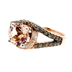 Unique 1 Carat Morganite Floating Halo Rose Gold Engagement Ring With .27 Carat White & Brown Diamonds, Split Shank - MG94648ER