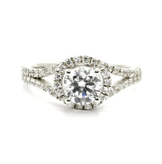 Unique 1 Carat (6 mm) Forever Brilliant Moissanite Floating Halo Engagement Ring With .45 Carat White Diamonds, Split Shank - FBY11560