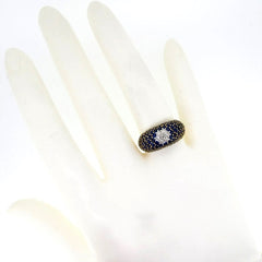 Blue Sapphire Gemstone & Diamond Engagement Ring, Anniversary Ring, Flower Ring, Pavé Dome, Bombé Ring, Cocktail Ring
