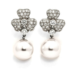 South Sea Pearls & Diamonds Earrings, Flower Earrings.
