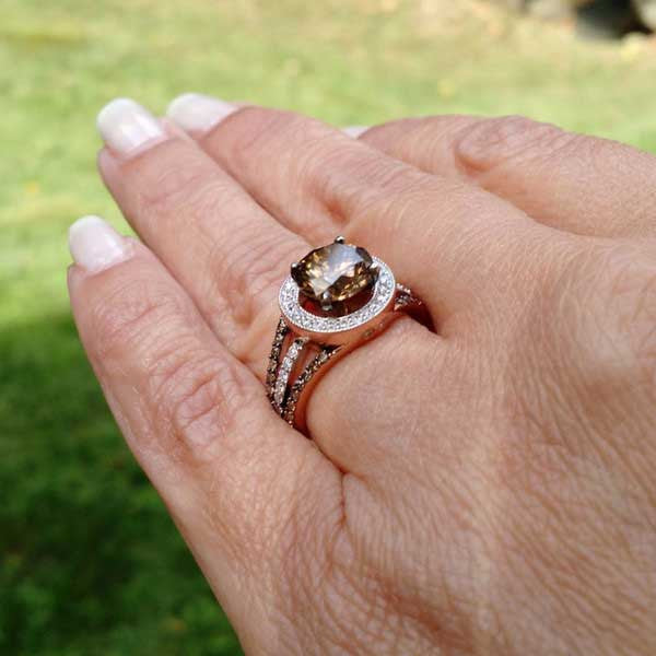 1 Carat Fancy Brown Smoky Quartz Engagement Ring, Floating Halo Rose Gold, White & Fancy Color Brown Diamonds, Anniversary Ring - SQ94657