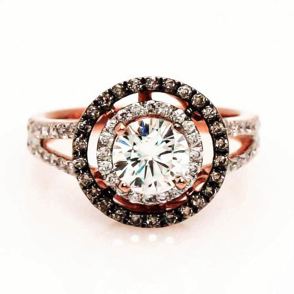 Double Halo Rose Gold, 1 Carat Forever Brilliant Moissanite Engagement Ring With .62 Carat Of White & Brown Diamonds, Split Shank - FB94640