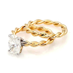 Unique 14k Gold Hand Twisted Cable Rope Engagement Ring and Wedding Band Set with 1.5 Carat Oval Shaped Forever One Moissanite Wedding Set - FBO15ROP25