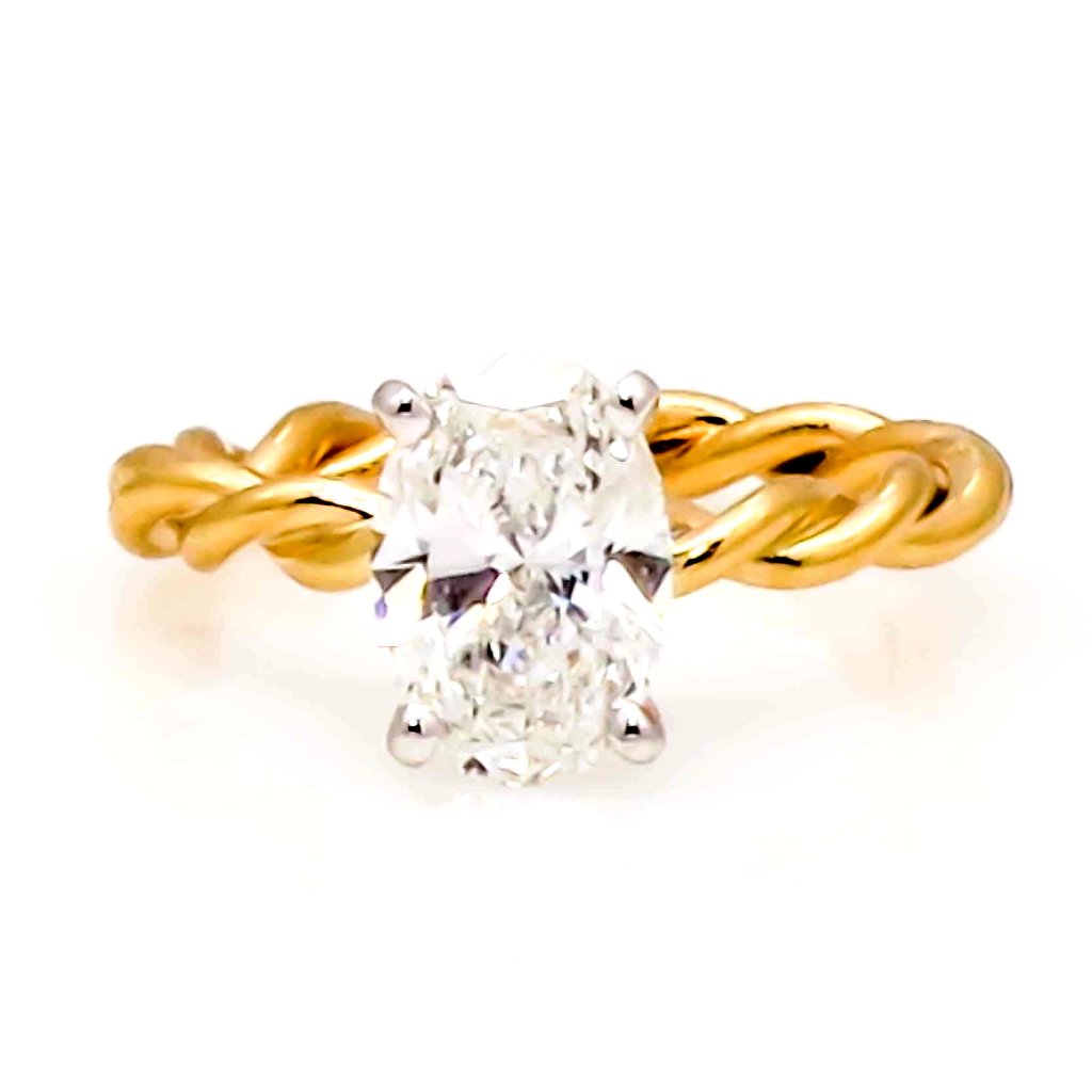 Unique 14k Gold Hand Twisted Cable Rope Engagement Ring with 1.5 Carat Oval Shaped Forever One Moissanite - FBO15ROP25