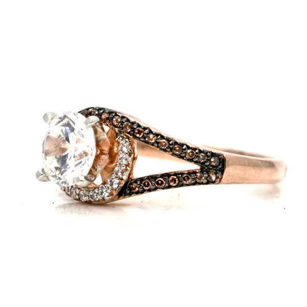 Unique 1 Carat Forever Brilliant Moissanite Floating Halo Rose Gold Engagement Ring, .27 Carat White & Brown Diamonds, Split Shank - FB94648ER