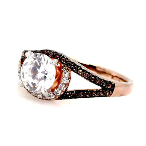 Unique 1 Carat Forever Brilliant Moissanite Floating Halo Rose Gold Engagement Ring, .27 Carat White & Brown Diamonds, Split Shank - FB94648ER