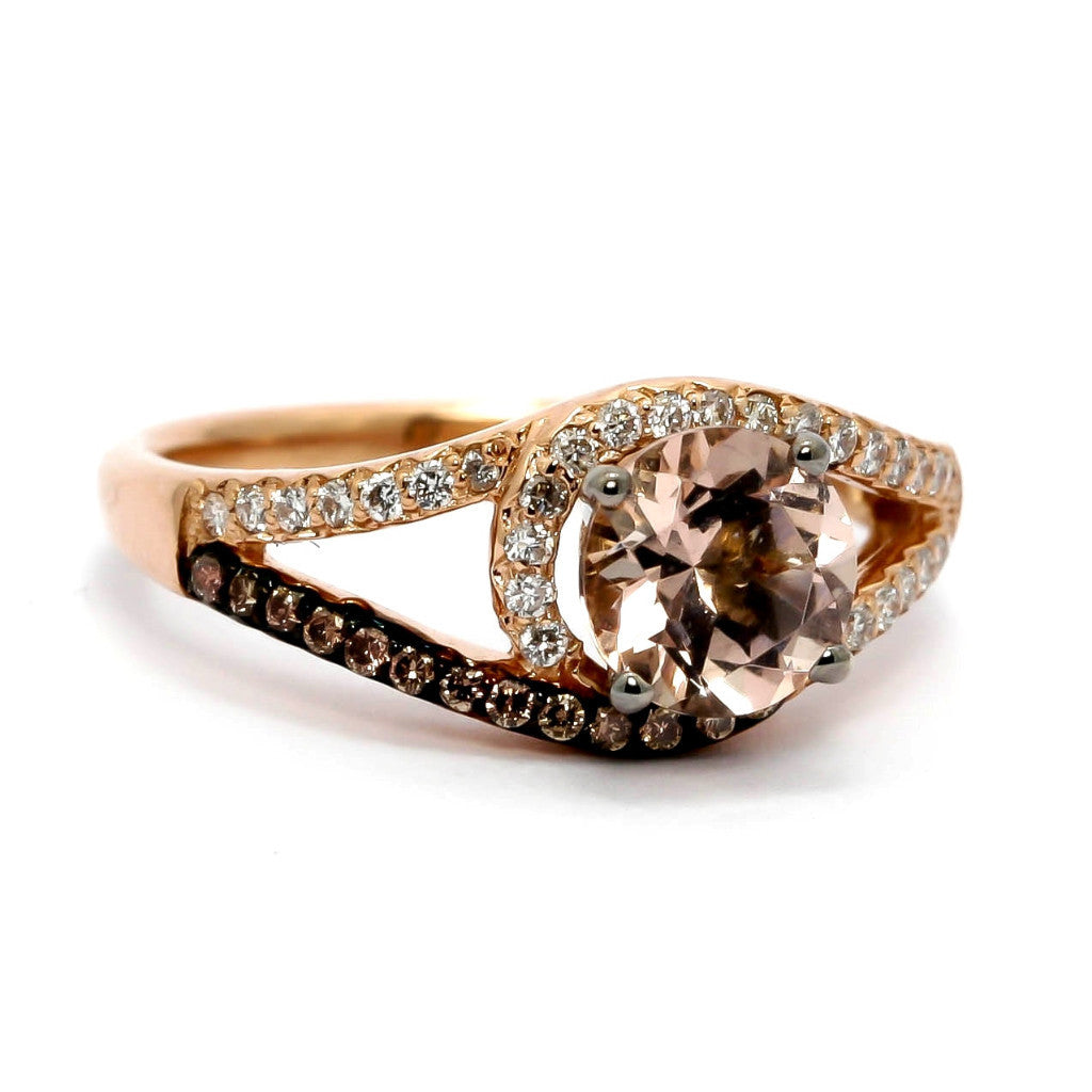 Halo Rose Gold, White & Brown Diamonds, 1 Carat Morganite Center Stone, Engagement Ring - MG94618ER