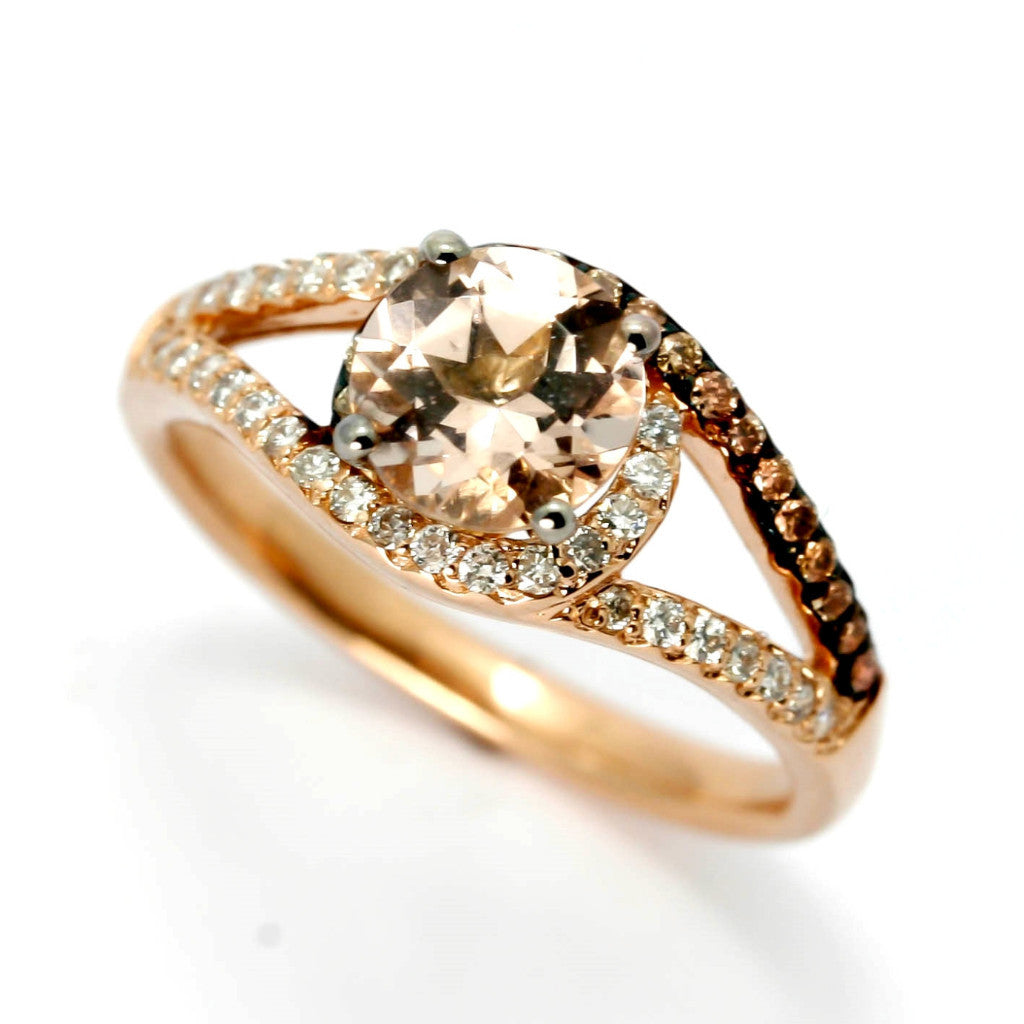 Halo Rose Gold, White & Brown Diamonds, 1 Carat Morganite Center Stone, Engagement Ring - MG94618ER