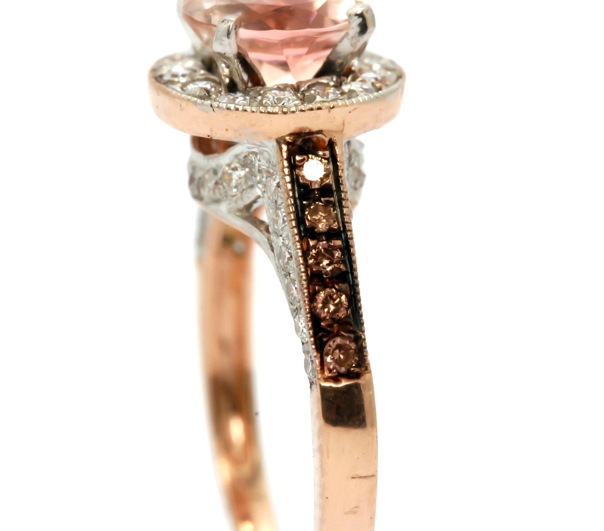 Morganite Engagement Ring, Unique 1 Carat Floating Halo Rose Gold, White & Brown Diamonds, Anniversary Ring MG94613