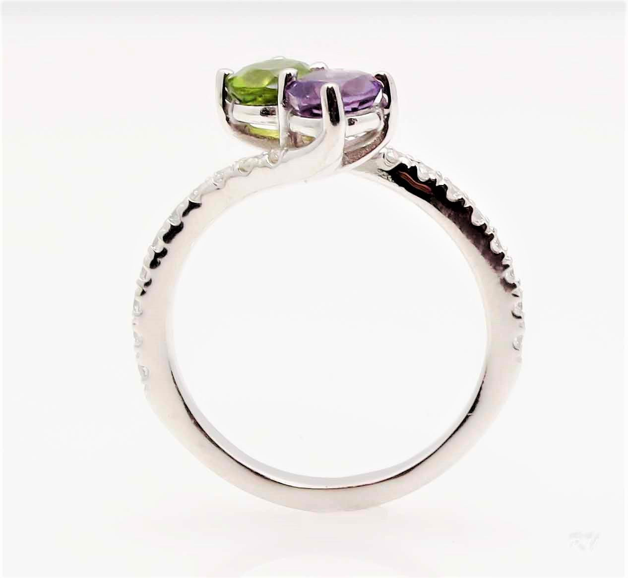 Two Stone Ring With  5 mm (0.5 carat) Amethyst And 5 mm (0.5 carat) Peridot Gemstones With 0.30 Carats Of Diamonds - UBS4984E