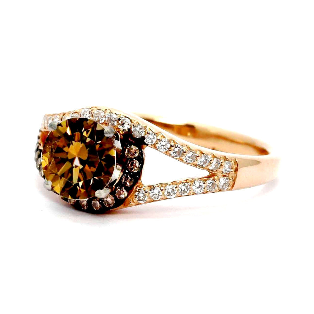 Unique 1 Carat Fancy Brown Smoky Quartz Floating Halo Rose Gold, White & Brown Diamond Engagement Ring, Split Shank, Anniversary Ring - SQ94618ER