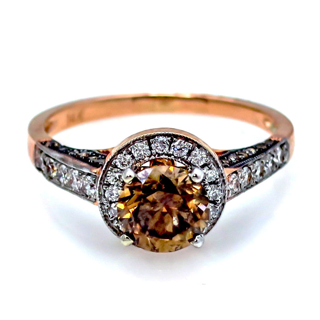 1 Carat Fancy Brown Diamond Floating Halo Rose Gold, White & Fancy Brown Diamond Accent Stones Engagement Ring, Anniversary Ring - BD94613ER