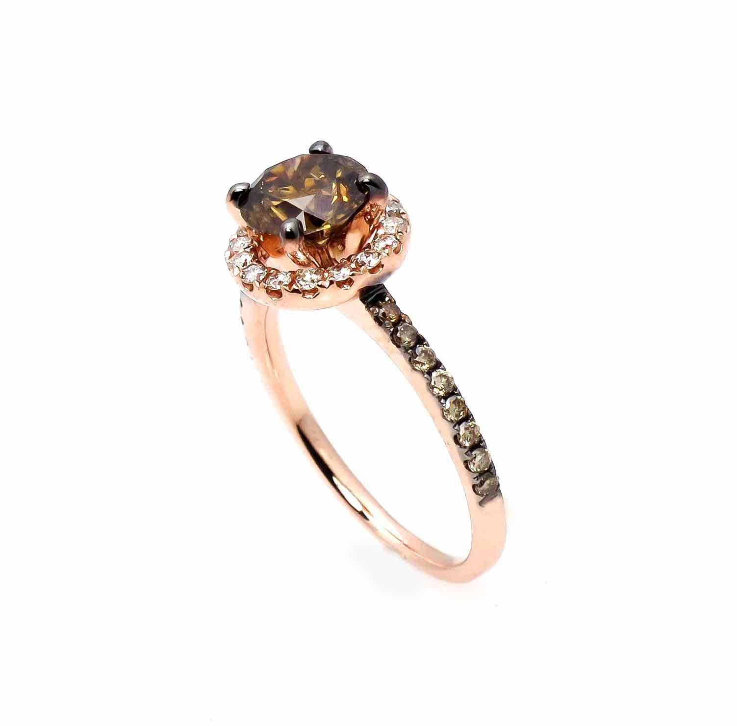 1 Carat Fancy Brown Diamond Halo, White Diamond Accent Stones, Rose Gold, Engagement Ring, Anniversary Ring - BD94639A