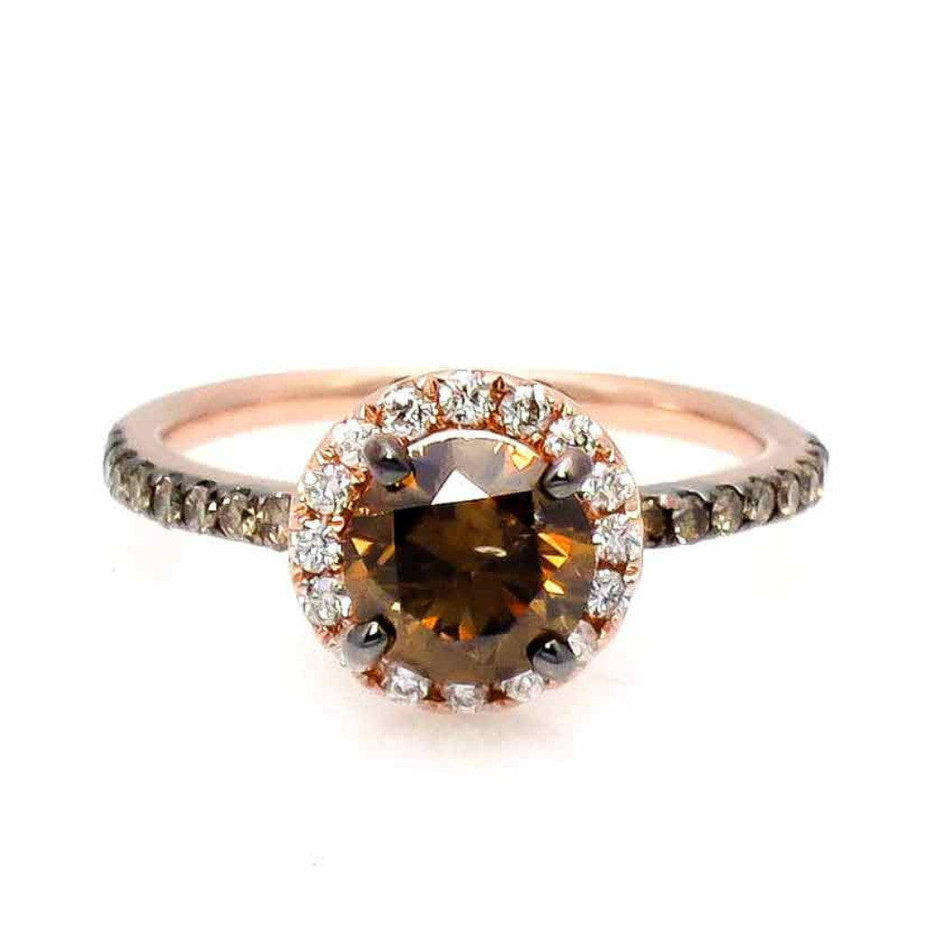 1 Carat Fancy Brown Diamond Halo, White Diamond Accent Stones, Rose Gold, Engagement Ring, Anniversary Ring - BD94639A