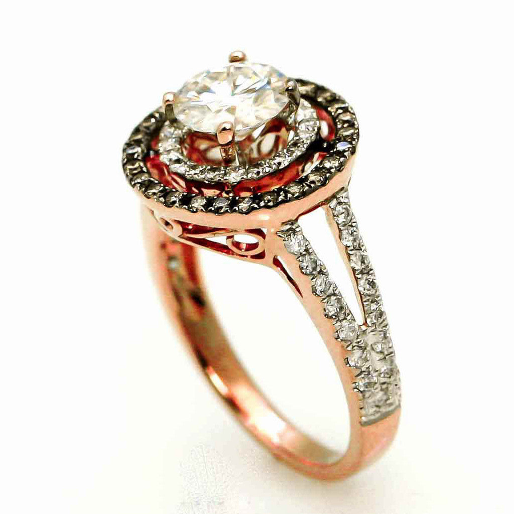 Double Halo Rose Gold, 1 Carat Forever Brilliant Moissanite Engagement Ring With .62 Carat Of White & Brown Diamonds, Split Shank - FB94640