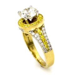1 Carat Forever One Moissanite Engagement Ring, Floating Halo Yellow Gold, White & Fancy Intense Yellow Diamonds, Anniversary Ring - F1YD94657