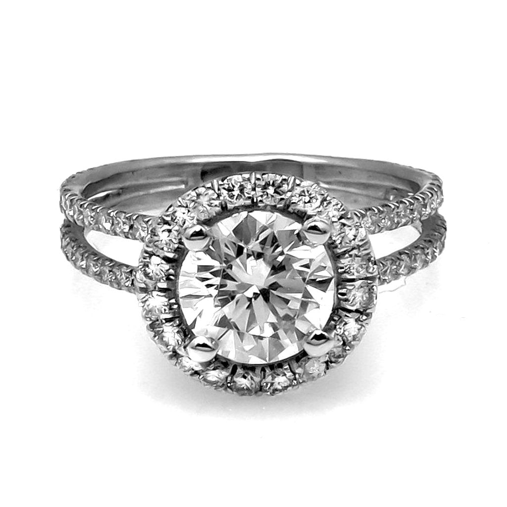 Moissanite Engagement Ring, With Unique 1.5 Carat Floating Halo Forever One Moissanite & .61 Carat Diamond, Double Shank, Anniversary - FOR001