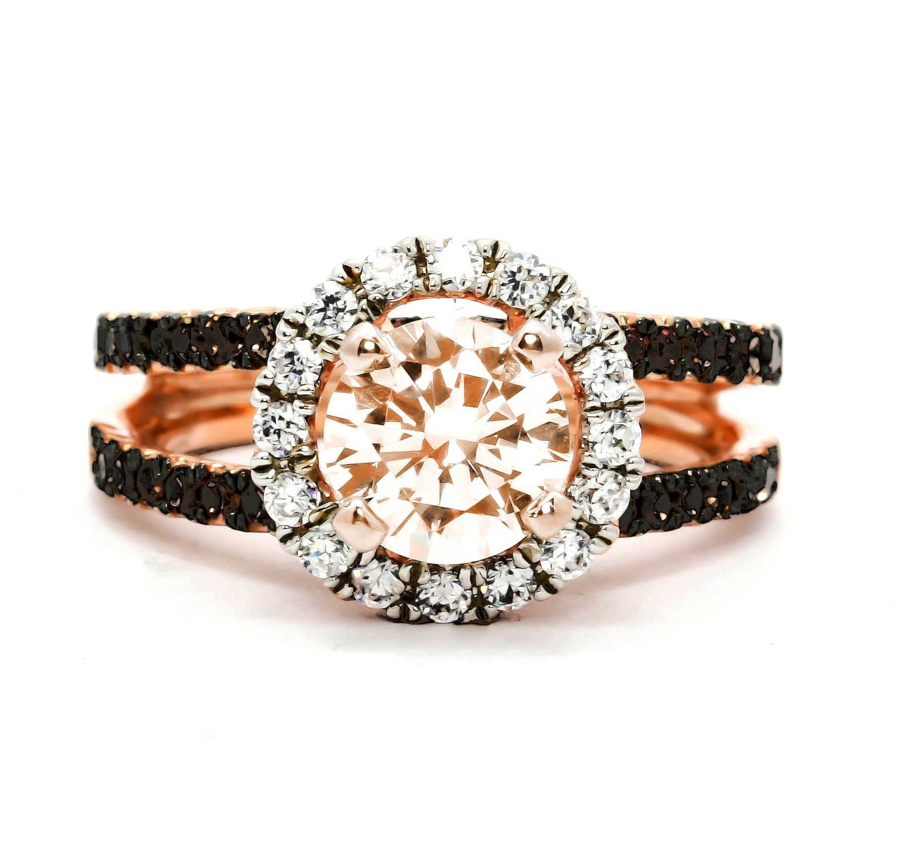 1 Carat Morganite with Black Diamonds, Floating Halo Rose Gold Engagement Ring With 1.02 Carats of White and Black Diamonds, Anniversary Ring - MG94654B