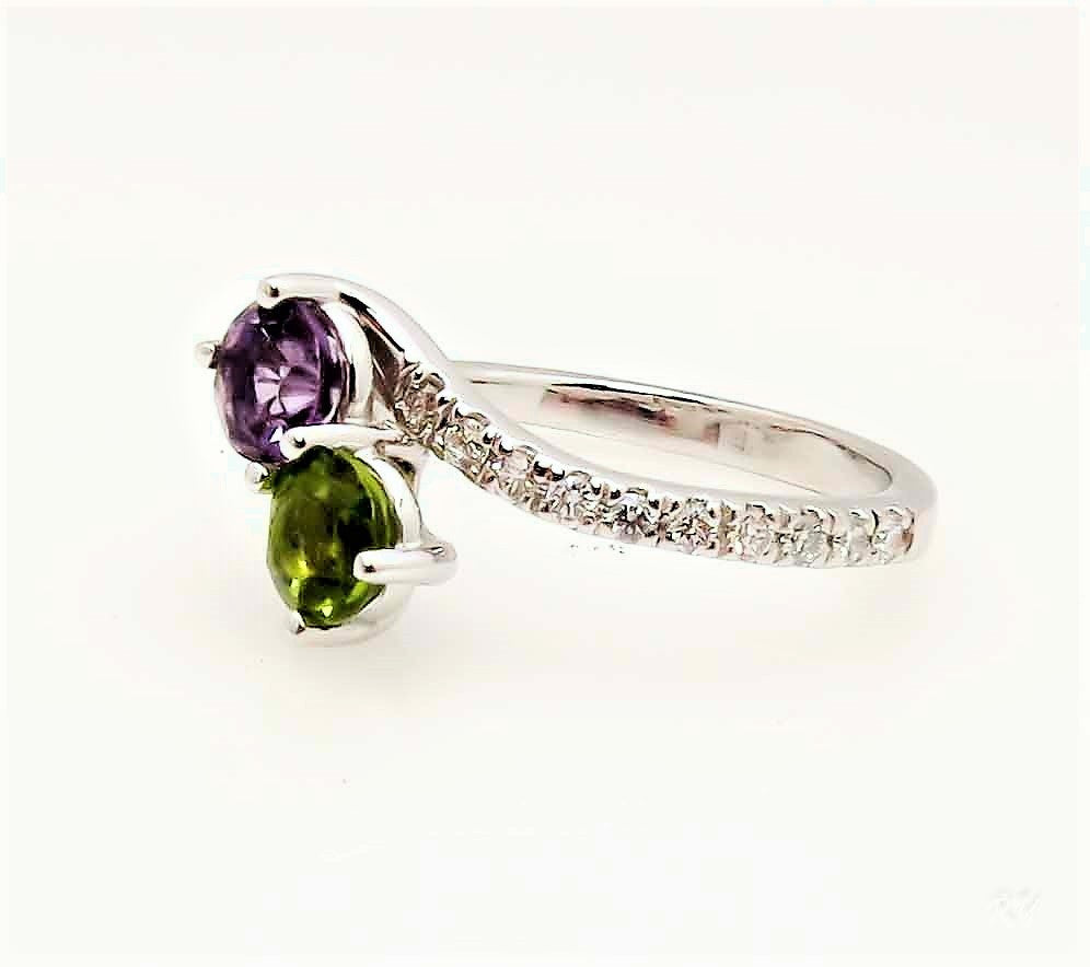 Two Stone Ring With  5 mm (0.5 carat) Amethyst And 5 mm (0.5 carat) Peridot Gemstones With 0.30 Carats Of Diamonds - UBS4984E