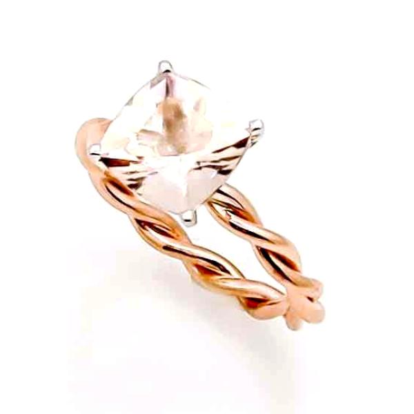 Unique Hand Twisted Cable Rope Morganite Engagement Ring and Wedding Band Set with 1.75 Carat 8x8 mm Cushion Cut Morganite 14k Rose Gold, 14k Yellow Gold, 14k White Gold, Stacking Ring, Wedding Set - MG8ROP25