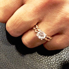 Unique 2 Tone Hand Twisted Cable Rope Engagement Ring With 1.5 Carat Forever One Moissanite,14k Rose And White Gold Stacking Ring - FB152TROP25ER