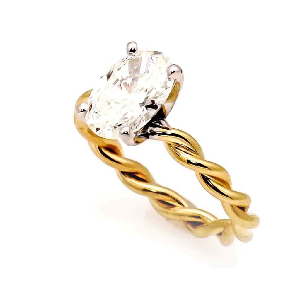 Unique 2 Tone Hand Twisted Cable Rope Engagement Ring With 2 Carat Oval Shaped Forever One Moissanite,14k Rose And White/Yellow And White Gold - FB2O2TROP25ER