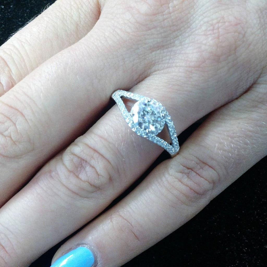 Unique 1 Carat Forever One / Brilliant Moissanite Floating Halo Engagement Ring With .25 Carat White Diamonds, Split Shank - FB85028ER