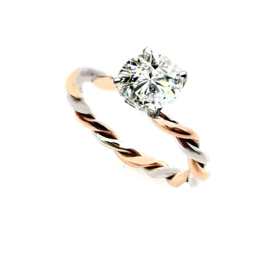 Unique 2 Tone Hand Twisted Cable Rope Engagement Ring With 1.5 Carat Oval Shaped Forever One Moissanite,14k Rose And White/Yellow And White Gold - FB15O2TROP25ER