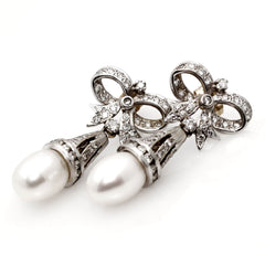 14k White Gold Pearls & Diamonds Earrings, Bow Earrings.