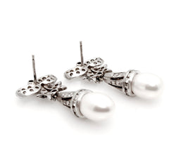 14k White Gold Pearls & Diamonds Earrings, Bow Earrings.