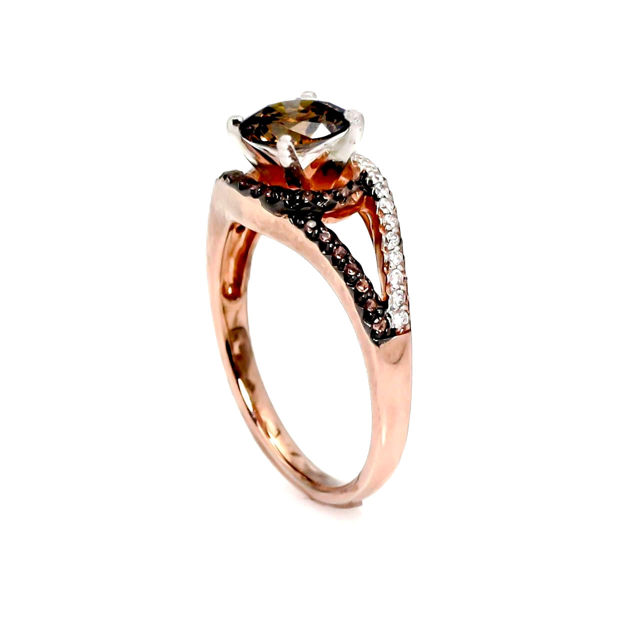 Unique 1 Carat Fancy Brown Diamond, Floating Halo, Rose Gold Engagement Ring, .27 Carat White & Fancy Brown Diamonds, Split Shank - BD94648ER