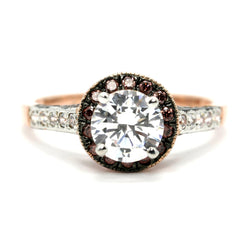 Moissanite Engagement Ring, Unique 1 Carat Floating Halo Rose Gold, White & Fancy Color Brown Diamonds, Forever Brilliant Moissanite. - FB94641