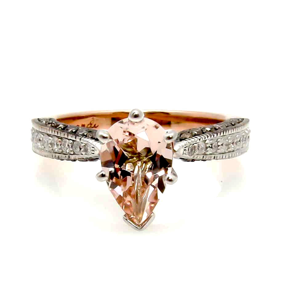 Pear Shaped Morganite Engagement Solitaire, White & Fancy Brown Diamonds, Rose Gold Anniversary Ring - PSMG94614