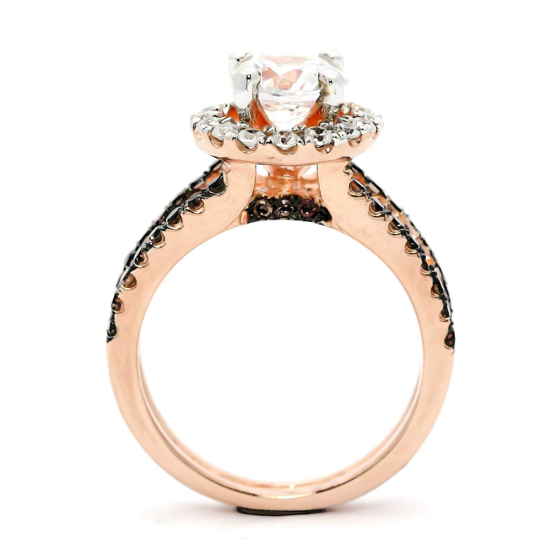 1 Carat Morganite with Black Diamonds, Floating Halo Rose Gold Engagement Ring With 1.02 Carats of White and Black Diamonds, Anniversary Ring - MG94654B