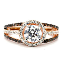Floating Halo Rose Gold, White &Fancy Color Brown Diamonds, 1 Carat Forever Brilliant Moissanite Center Stone, Engagement Ring, Anniversary Ring - FB94646