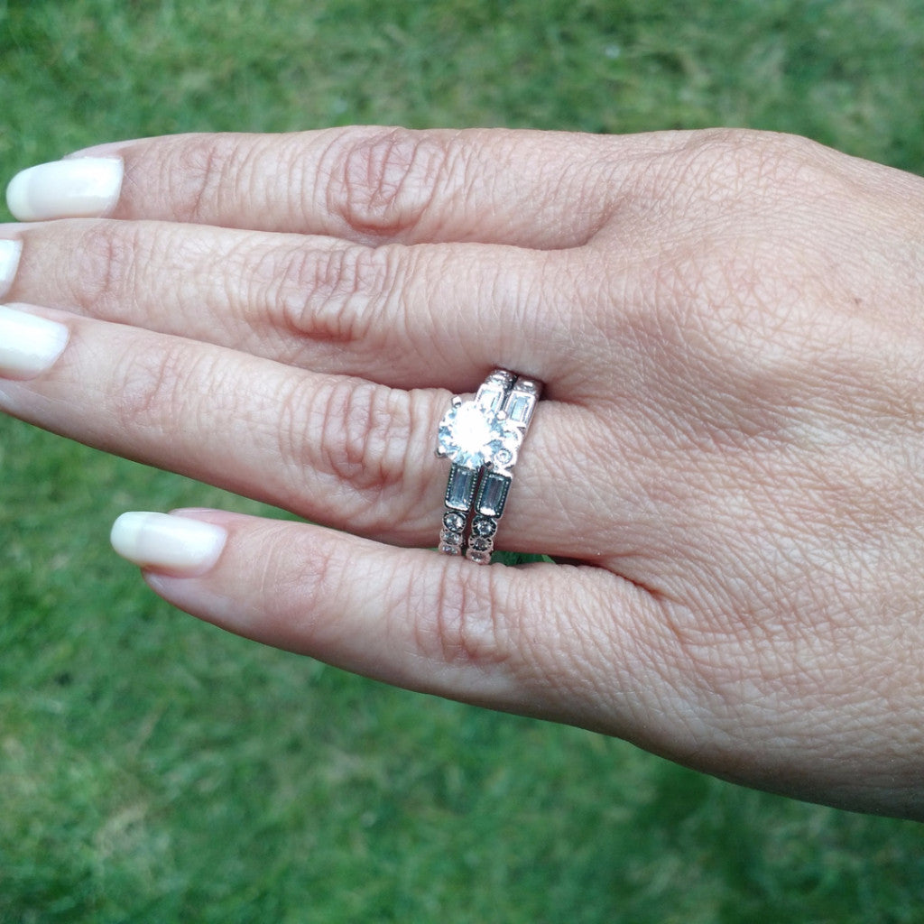 Moissanite Engagement Ring Wedding Set, Unique Art Deco Style With 1 Carat Forever Brilliant Moissanite & 1 Carat Diamonds - FB73080