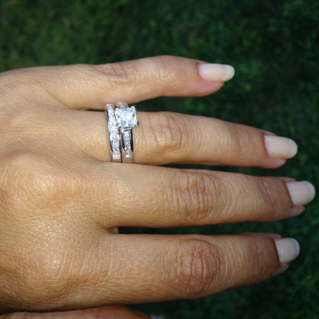 1 Carat Princess Cut Forever Brilliant Moissanite Center Stone Engagement/Wedding Set, .90 Carat Princess cut Diamonds - FB76342