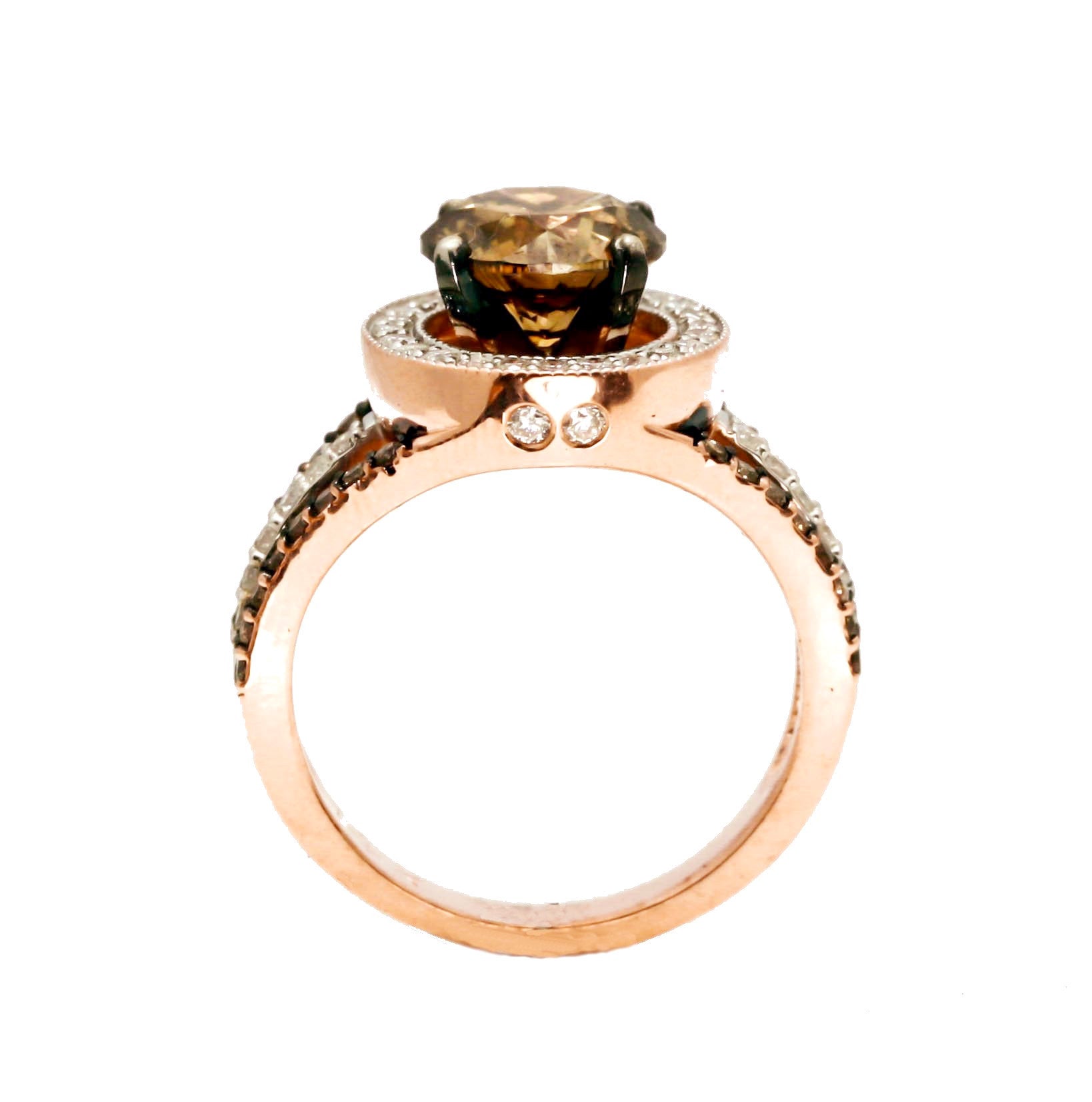 Unique 2 Carat (8 mm) Brown Diamond Engagement Ring, Floating Halo Rose Gold, White & Brown Diamonds, Anniversary Ring - 2BD94627