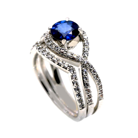 Blue Sapphire Gemstone Engagement Ring & Wedding Set, Unique Infinity Style With .75 Carat Diamonds, Split Shank  - SP85040