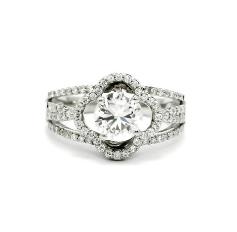 Unique Clover Shaped Floating Halo Engagement Ring, 1 Carat Forever Brilliant Moissanite & .35 Carat Diamond Accent Stones, Anniversary Ring - FB73096
