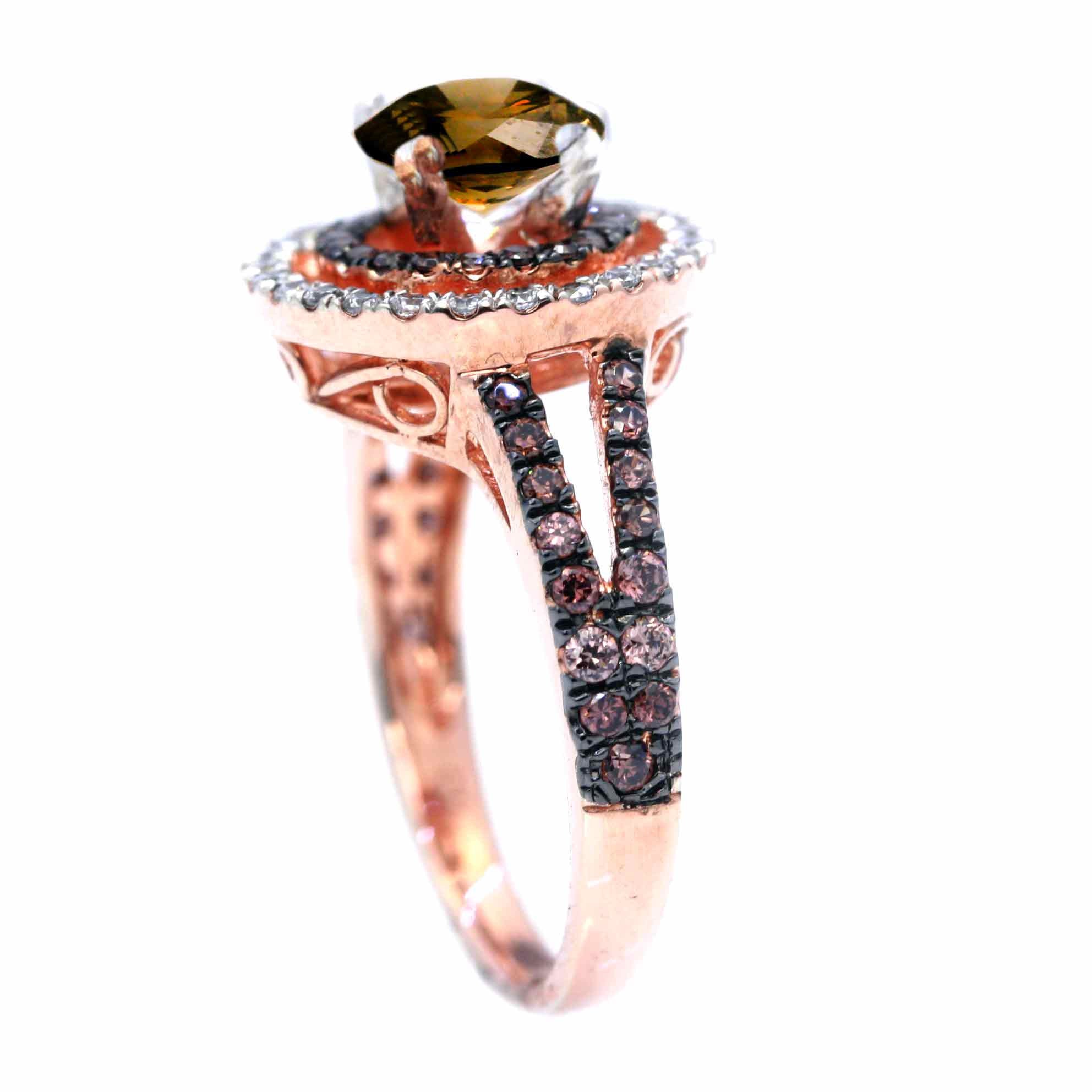1 Carat Fancy Brown Smoky Quartz Floating Halo Rose Gold Engagement Ring, White & Brown Diamond Accent Stones, Anniversary Ring - SQ94612