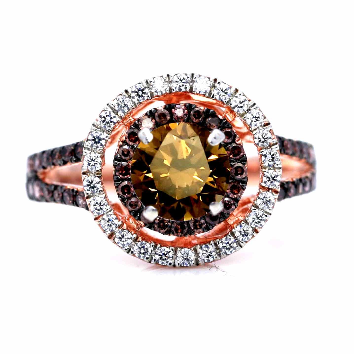 1 Carat Fancy Brown Diamond Floating Halo Rose Gold Engagement Ring, White & Brown Diamond Accent Stones, Anniversary Ring - BD94612