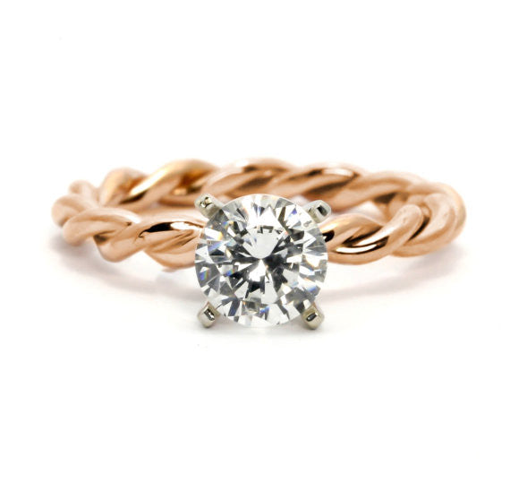 Unique Hand Twisted Cable Rope Diamond Engagement Ring with 1 Carat LG Diamond 14k Rose Gold, 14k Yellow Gold, 14k White Gold - LGD10ROP25ER