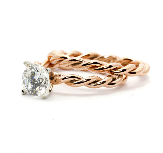 Unique Hand Twisted Cable Rope Diamond Engagement Ring with 1 Carat LG Diamond 14k Rose Gold, 14k Yellow Gold, 14k White Gold - LGD10ROP25ER