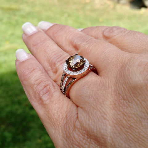 Unique 2 Carat (8 mm) Brown Diamond Engagement Ring, Floating Halo Rose Gold, White & Brown Diamonds, Anniversary Ring - 2BD94627